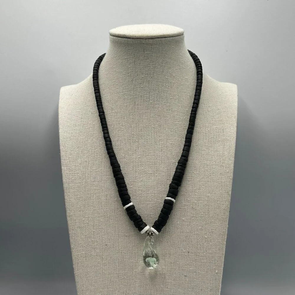 Black Beaded Necklace Glass Mushroom Pendant Mens Surfer Style 18 Inch